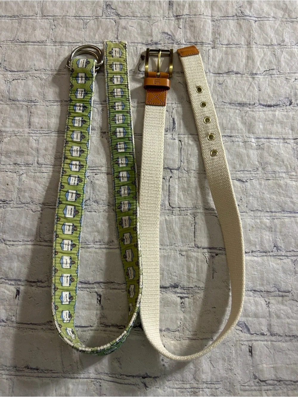 VINEYARD VINES GREEN COTTON DOUBLE RING & LIZ CLAIBORNE CREAM& BROWN BELTS